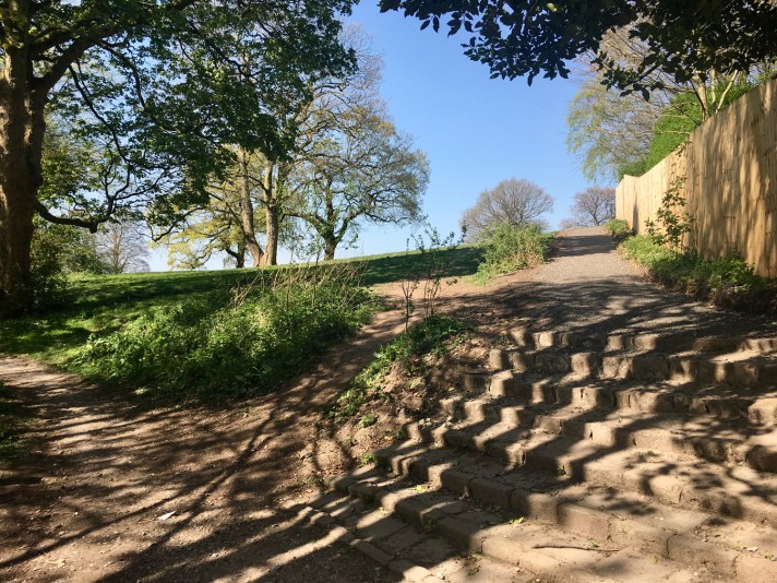The steps that drop down on to the existing path leading to Park Road